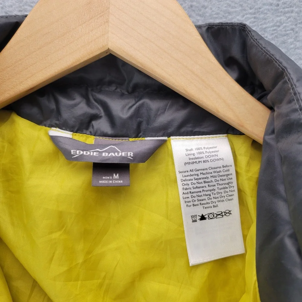 Eddie Bauer EB650 Down Puffer‎ Jacket Mens Medium Gray Yellow Full Zip Quilted